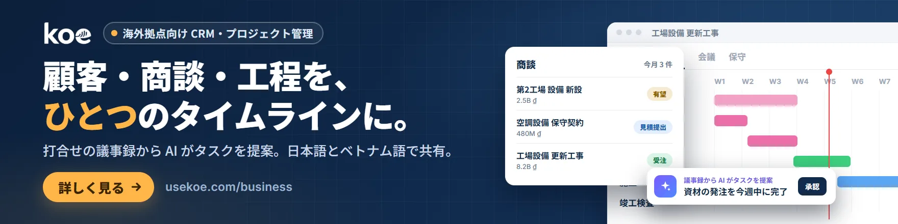 koe 海外拠点向け CRM・プロジェクト管理。顧客・商談・工程を、ひとつのタイムラインに。打合せの議事録から AI がタスクを提案。日本語とベトナム語で共有。詳しく見る
