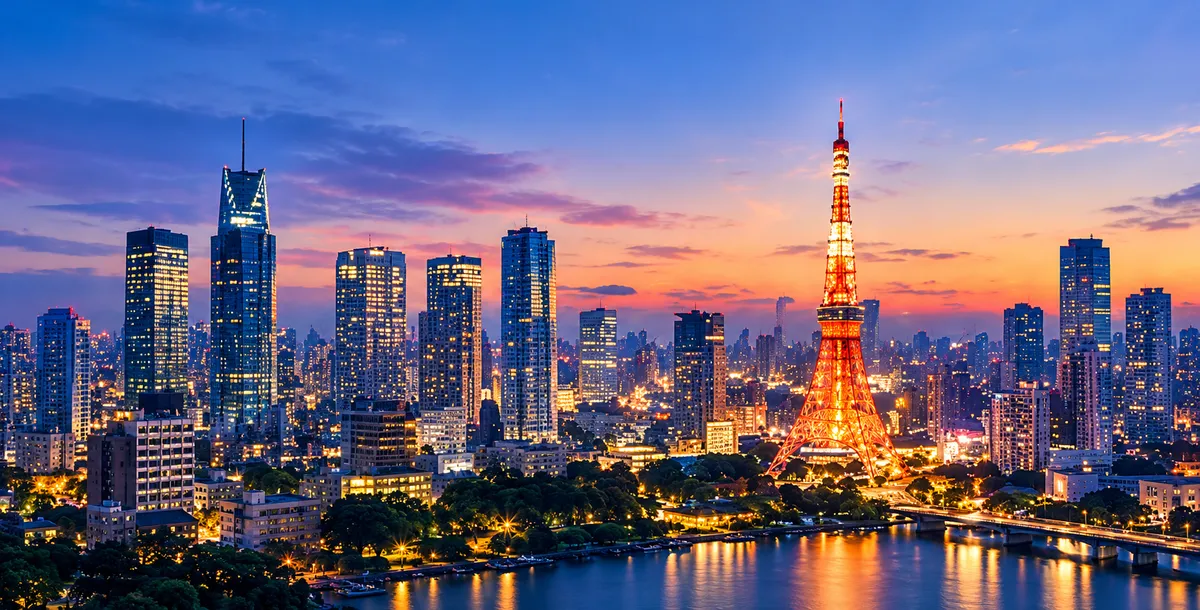 夕暮れの東京のスカイラインと東京タワー